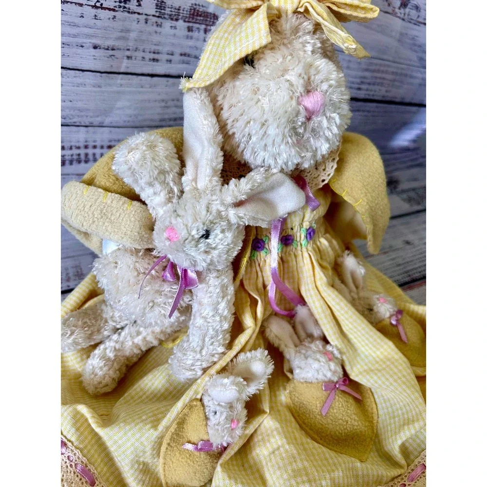VTG Plush Shelf Sitter Bunny Rabbit Cottagecore Yellow Gingham Baby Bunnies